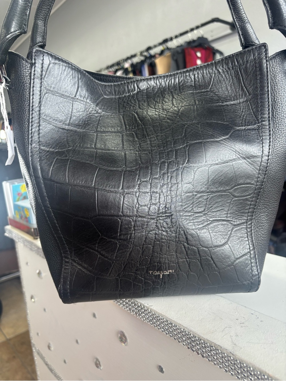 Tahari Black Croc-Embossed Shoulder Bag